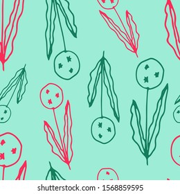 Floral seamless pattern in line art style.  Abstract botanical print of flowers, leaves, twigs.Textile design texture. Spring blossom background. Vector illustration. 