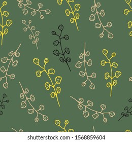 Floral seamless pattern in line art style.  Abstract botanical print of flowers, leaves, twigs.Textile design texture. Spring blossom background. Vector illustration. 