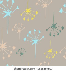 Floral seamless pattern in line art style.  Abstract botanical print of flowers, leaves, twigs.Textile design texture. Spring blossom background. Vector illustration. 