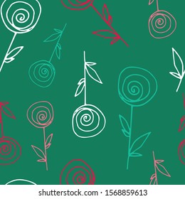 Floral seamless pattern in line art style.  Abstract botanical print of flowers, leaves, twigs.Textile design texture. Spring blossom background. Vector illustration. 