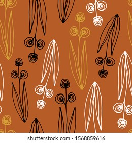 Floral seamless pattern in line art style.  Abstract botanical print of flowers, leaves, twigs.Textile design texture. Spring blossom background. Vector illustration. 