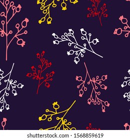 Floral seamless pattern in line art style.  Abstract botanical print of flowers, leaves, twigs.Textile design texture. Spring blossom background. Vector illustration. 