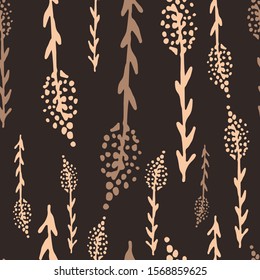 Floral seamless pattern in line art style.  Abstract botanical print of flowers, leaves, twigs.Textile design texture. Spring blossom background. Vector illustration. 