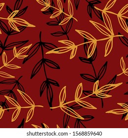 Floral seamless pattern in line art style.  Abstract botanical print of flowers, leaves, twigs.Textile design texture. Spring blossom background. Vector illustration. 