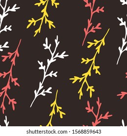 Floral seamless pattern in line art style.  Abstract botanical print of flowers, leaves, twigs.Textile design texture. Spring blossom background. Vector illustration. 