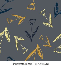 Floral seamless pattern in line art style.  Abstract botanical print of flowers, leaves, twigs. Textile design texture. Spring blossom background. Vector illustration. 
