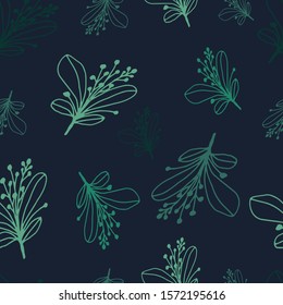 Floral seamless pattern in line art style.  Abstract botanical print of flowers, leaves, twigs. Textile design texture. Spring blossom background. Vector illustration. 
