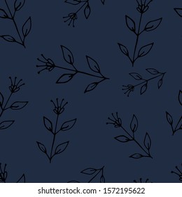Floral seamless pattern in line art style.  Abstract botanical print of flowers, leaves, twigs. Textile design texture. Spring blossom background. Vector illustration. 