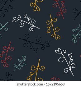 Floral seamless pattern in line art style.  Abstract botanical print of flowers, leaves, twigs. Textile design texture. Spring blossom background. Vector illustration. 