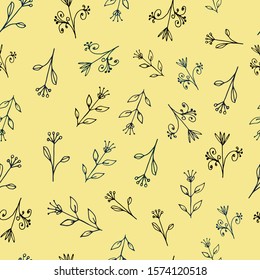 Floral seamless pattern in line art style.  Abstract botanical print of flowers, leaves, twigs. Textile design texture. Spring blossom background. Vector illustration. 