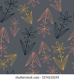 Floral seamless pattern in line art style.  Abstract botanical print of flowers, leaves, twigs. Textile design texture. Spring blossom background. Vector illustration. 