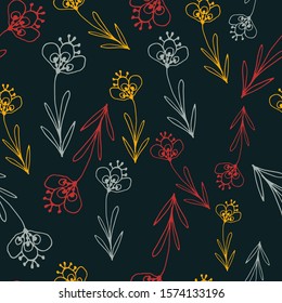 Floral seamless pattern in line art style.  Abstract botanical print of flowers, leaves, twigs. Textile design texture. Spring blossom background. Vector illustration. 