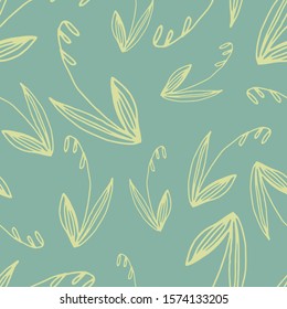 Floral seamless pattern in line art style.  Abstract botanical print of flowers, leaves, twigs. Textile design texture. Spring blossom background. Vector illustration. 