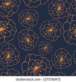 Floral seamless pattern in line art style.  Abstract botanical print of flowers, leaves, twigs. Textile design texture. Spring blossom background. Vector illustration. 