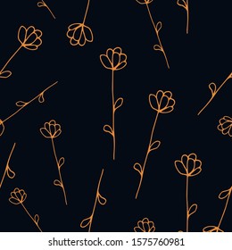 Floral seamless pattern in line art style.  Abstract botanical print of flowers, leaves, twigs. Textile design texture. Spring blossom background. Vector illustration. 