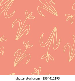 Floral seamless pattern in line art style.  Abstract botanical print of flowers, leaves, twigs. Textile design texture. Spring blossom background. Vector illustration. 