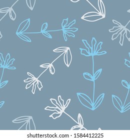 Floral seamless pattern in line art style.  Abstract botanical print of flowers, leaves, twigs. Textile design texture. Spring blossom background. Vector illustration. 
