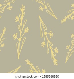 Floral seamless pattern in line art style.  Abstract botanical print of flowers, leaves, twigs. Textile design texture. Spring blossom background. Vector illustration. 