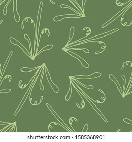 Floral seamless pattern in line art style.  Abstract botanical print of flowers, leaves, twigs. Textile design texture. Spring blossom background. Vector illustration. 