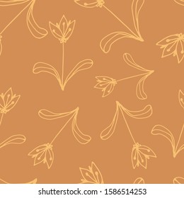 Floral seamless pattern in line art style.  Abstract botanical print of flowers, leaves, twigs. Textile design texture. Spring blossom background. Vector illustration. 