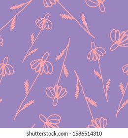 Floral seamless pattern in line art style.  Abstract botanical print of flowers, leaves, twigs. Textile design texture. Spring blossom background. Vector illustration. 