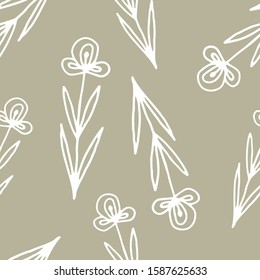 Floral seamless pattern in line art style.  Abstract botanical print of flowers, leaves, twigs. Textile design texture. Spring blossom background. Vector illustration. 