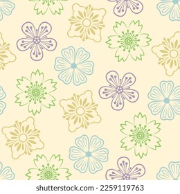 Patrón floral sin fisuras. Flores florecientes de líneas en estilo plano. Símbolos de diseño del contorno. Diseño decorativo para imprimir o interiores.