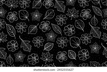 Floral seamless pattern line art flowers leaf black white minimalist creative trendy design dark fabric paper vector pattern
