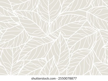Padrão sem emenda floral com folhas de arte de linha para embalagem de alimentos orgânicos e saudáveis, têxtil, tecido, cosméticos naturais Eco, produto vegano. Padrão de Folhas de Vetor