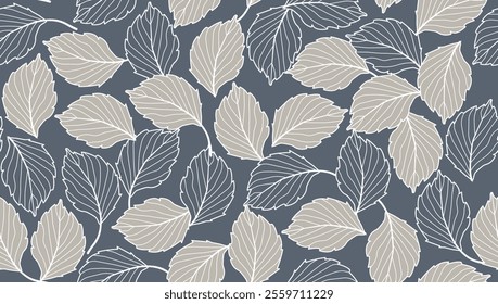 Floral Seamless Pattern with Line art Leaves. Minimalistic Leaves Background. Floral Wallpaper. Botanical Design for Prints, Surface, Home Decoration, Fabric. Vector Illustration. Not AI