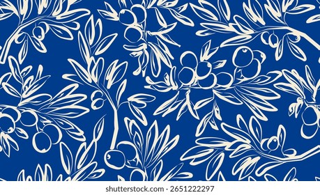 Floral Seamless Pattern. Line Art Olive Branch Hand Drawn Seamless Background. Flower Motif Batik Design. Olive Leaves Trendy Background. Vector illustration. Not AI
