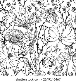 Floral seamless pattern with line flowers on white background. Botanical vintage background. Flowers in bloom on white