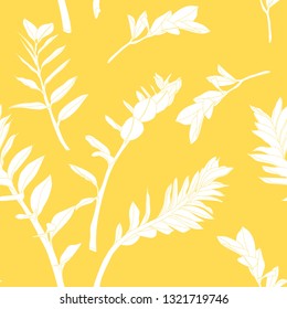 Floral seamless pattern, line split-leaf Zamioculcas plant on yellow background, line art.