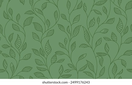 Floral Seamless Pattern with Linear Leaves Branches Green Color. Abstract Leaf Botanical Texture. Floral Wallpaper. Botanical Design for Prints, Surface, Home Decoration, Fabric. Vector Illustration.