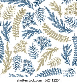 Nahtloses Muster ohne Blumen. Lineare Blumenelemente im skizzenhaften Stil. Vintage-Stoffdesign. Vektorgrafik