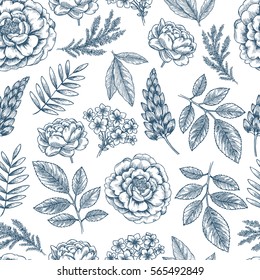 Floral seamless pattern. Linear sketchy style flower elements. Vintage fabric design. Vector illustration