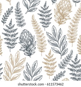 Floral seamless pattern. Linear sketchy style flower elements. Vintage fabric design. Vector illustration