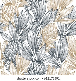 Floral seamless pattern. Linear sketchy style flower elements. Vintage fabric design. Vector illustration