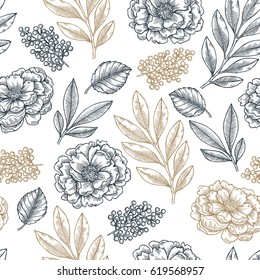 Floral seamless pattern. Linear sketchy style flower elements. Vintage fabric design. Vector illustration