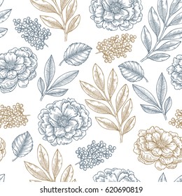 Floral seamless pattern. Linear sketchy style flower elements. Vintage fabric design. Vector illustration