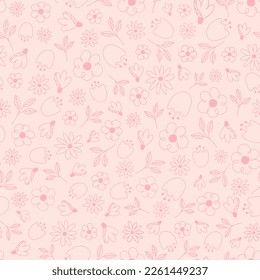 Floral seamless pattern in linear style . Simple Abstract hand drawn flowers of various shapes and scribbles. Vector.
