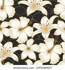 Nahtlose Blumenmuster mit ausgekleideten geometrischen Formen. tropischer Hintergrund	
