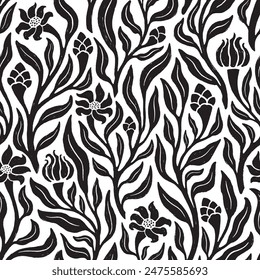 Floral seamless pattern in linocut style. Vector format.