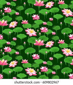 Floral seamless pattern with lotus flowers on green background.