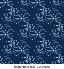 Floral seamless pattern. Lovely daisies on a blue background, graphic, hand drawn, vector. For the design and decoration background, wallpaper, packaging, fabrics, textiles.