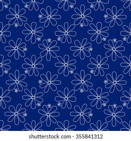 Floral seamless pattern. Lovely daisies on a blue background, graphic, hand drawn, vector. For the design and decoration background, wallpaper, packaging, fabrics, textiles.