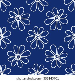 Floral seamless pattern. Lovely daisies on a blue background, graphic, hand drawn, vector. For the design and decoration background, wallpaper, packaging, fabrics, textiles.
