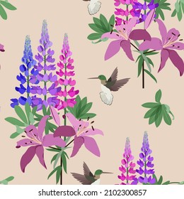 Patrón floral sin fisuras. Lupine, lirio y colibríes con un fondo beige. Ilustración vectorial. Para decoración textil, embalaje, papel pintado.