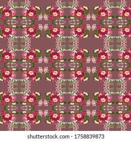 Floral seamless pattern. Lush bouquet of rose hips, roses, lily of the valley, bee on a bud, chamomile with showered petals