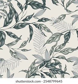 Floral seamless pattern of lush and intricate various leaves in shades of green and gray on a brown background